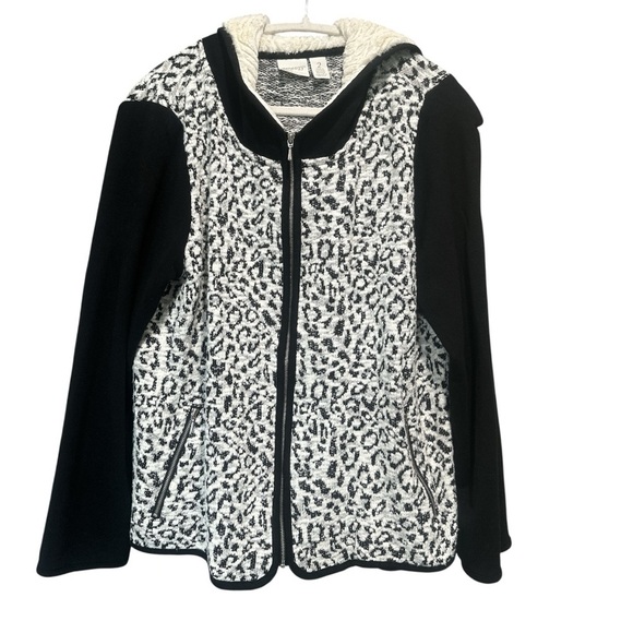 Zynergy Black & White Animal Print Full Zip Hoodie Cozy Soft Athleisure Sz L - Picture 1 of 11